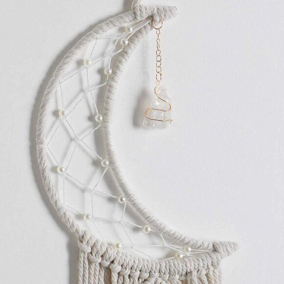 Macrame Woven Wall Hanging Moon Dream Catcher with Natural Crystal Stone- Boho C - Picture 5 of 7